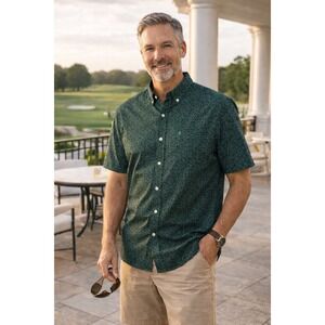 ZOD XL Green Blue Micro Floral Button Down Shirt Men Short Sleeve Golf